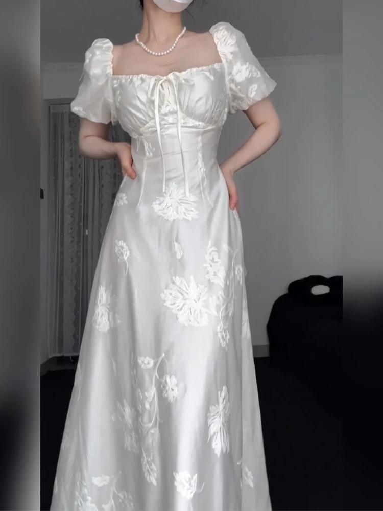 

XZY Vintage Embroidered Square Collar Long Dress Women's Tea Break Casual A-Line Skirt Polyester Fiber Short Sleeve Maxi Dress