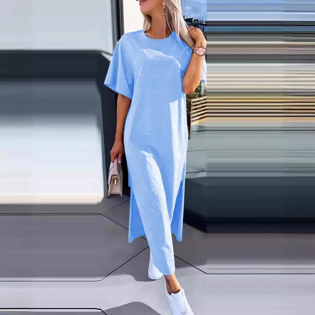 Novedad de verano, vestido informal de manga corta de Color sólido