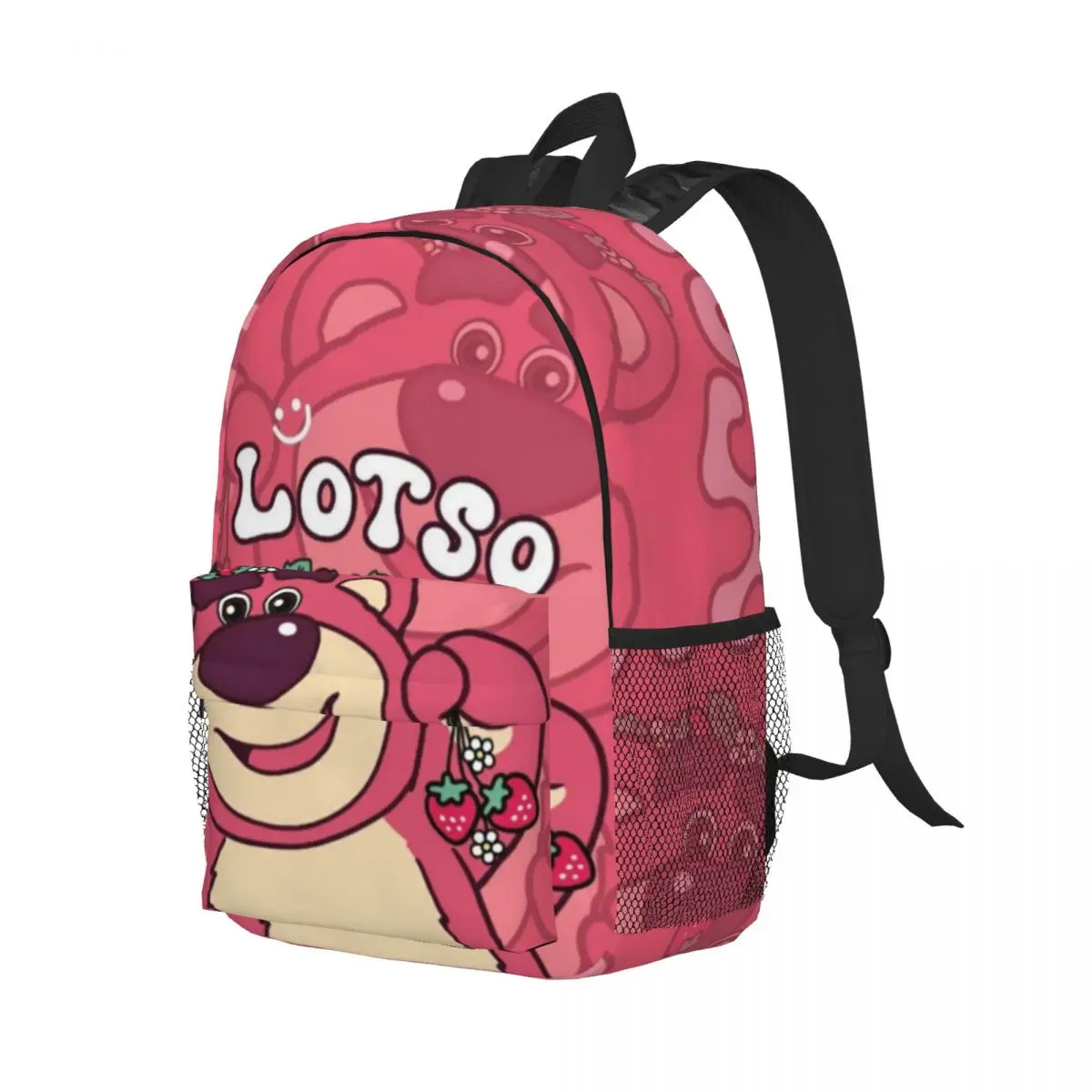 Morango urso impressão mochila leve, elegante escola padrão saco, novo, 15"