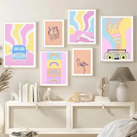 Pastel Pink Car Tiger Mountain Speaker Wall Art Print Canvas Painting Danish Aesthetics Nordic Poster Gallery Wall Picture Livin