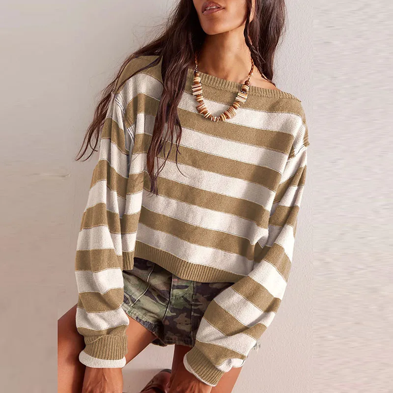 Retro Striped Print Knitwear Women\'s Sweater Fall Crew Neck Loose Knitted Top Pullover Winter Long Sleeve Jumper Female Clothing