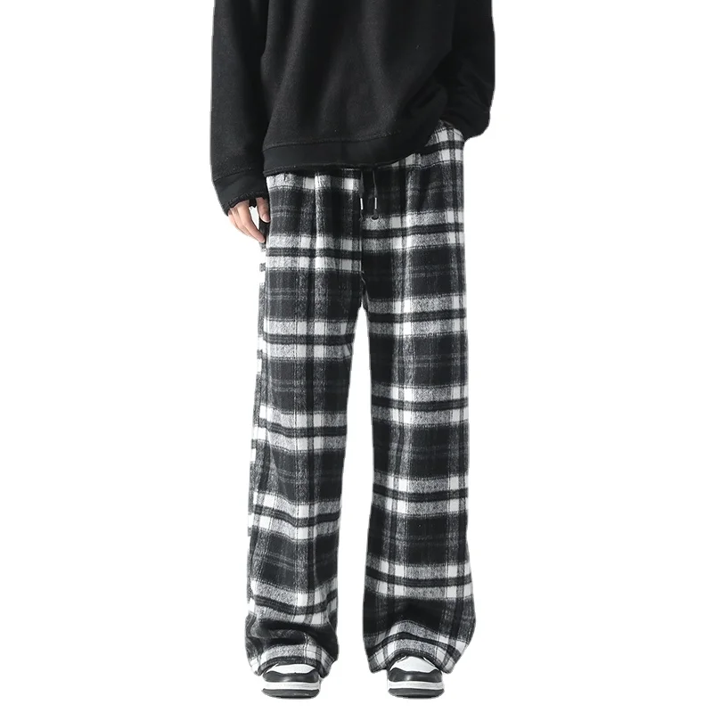 Vintage Color Plaid Pants Men\'s Loose Wide Leg Pants Autumn New Lazy Wind Straight-leg Leisure Trousers Male Jogger Sweatpant