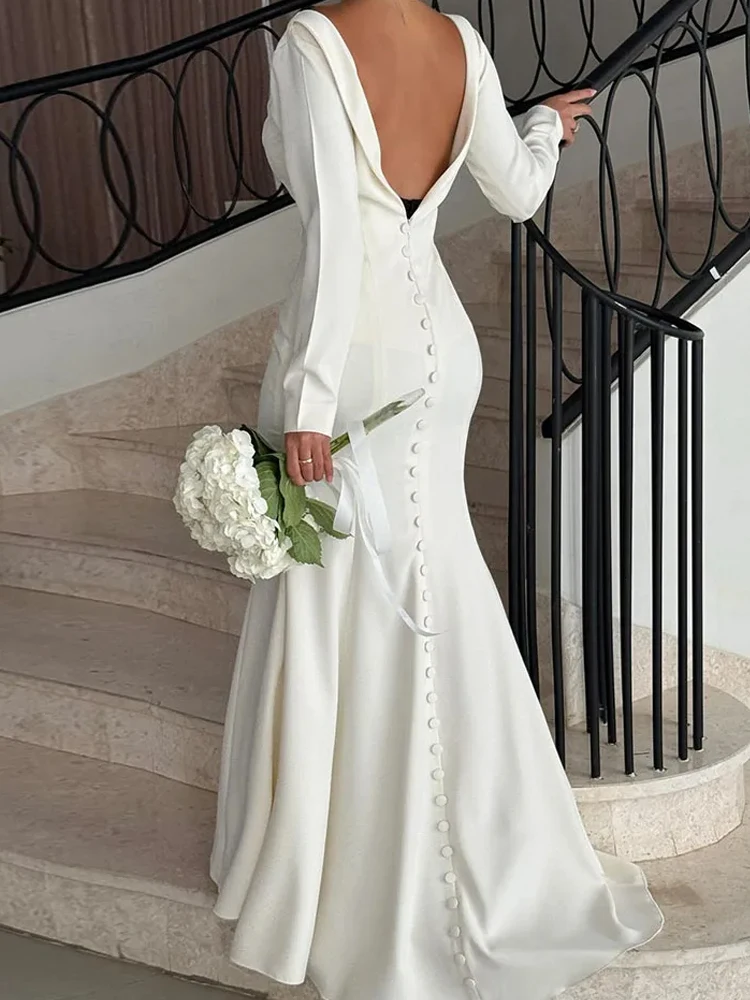 Fashion O-neck Long Sleeve Evening Dress Lady Elegant Backless Button Mermaid Dress Sexy Hollow Out Solid Color White Long Dress