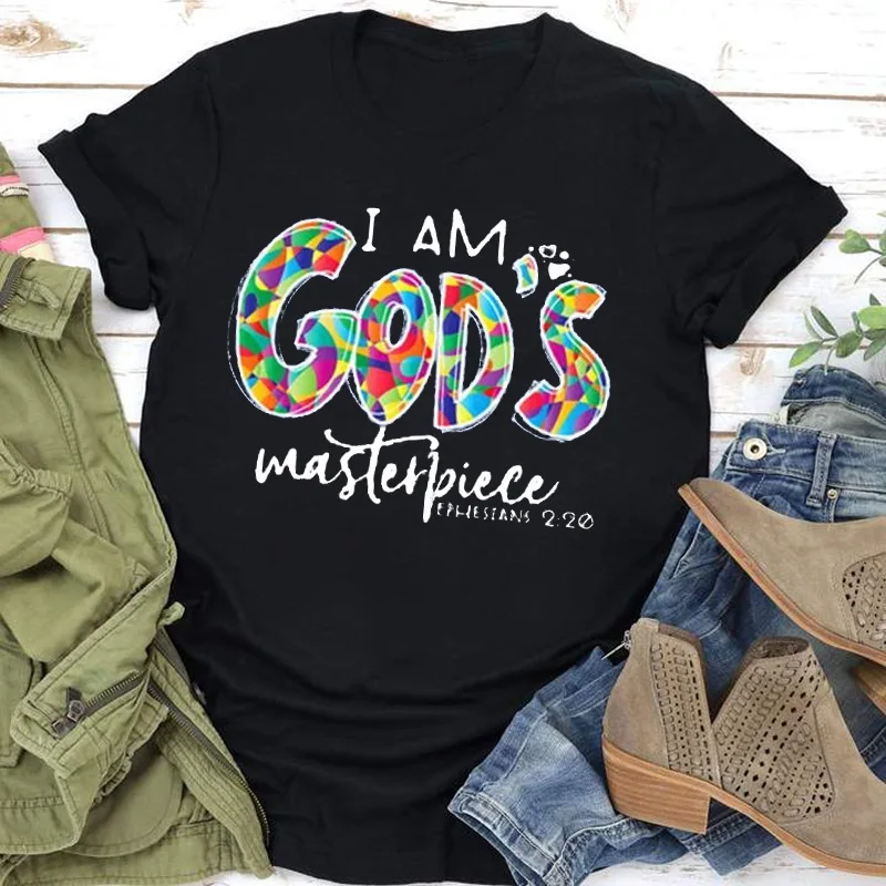 

I AM GOD'S Masterpiece Print Women T Shirt Short Sleeve O Neck Loose Women Tshirt Ladies Tee Shirt Tops Clothes Camisetas Mujer