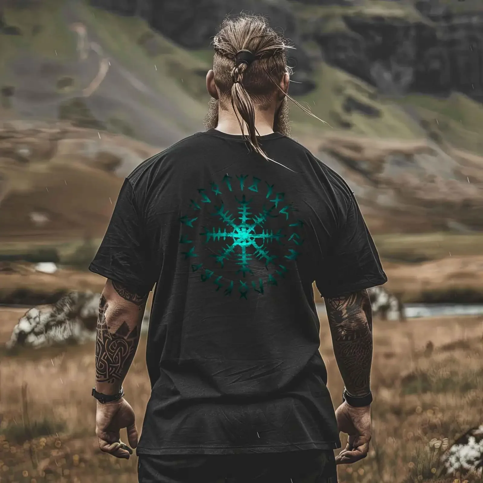 T-shirt Oversize Viking Helm Of Awe Runes Freestyler Heavy ST Nordic Wear, style vintage délavé, vêtements de créateur respirants