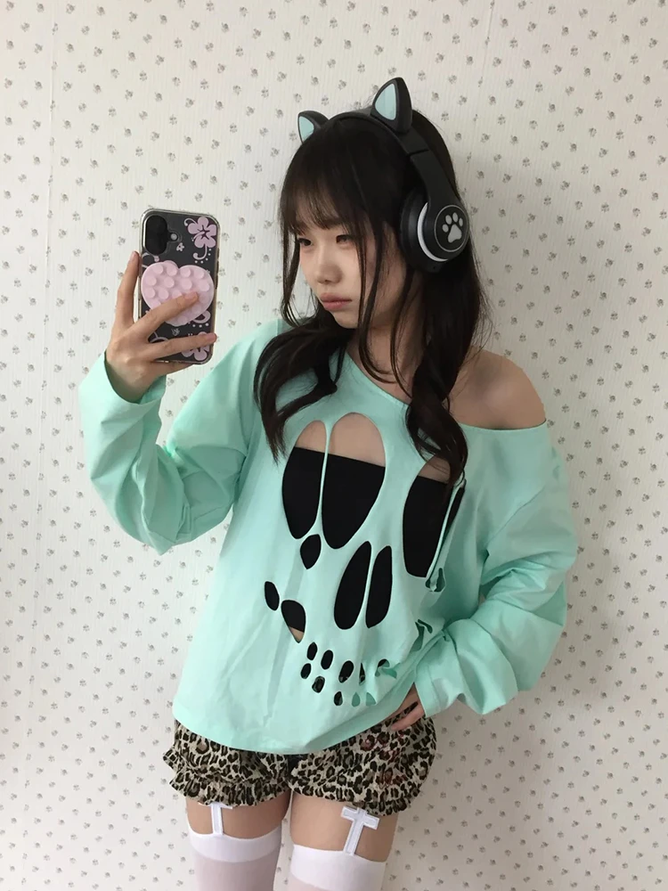 Tonngirls Y2k Aesthetic Two Pieces Tops Hollow Out Skull T-shirt + Strapless Tube Tops Streetwear American Retro Grunge Suits