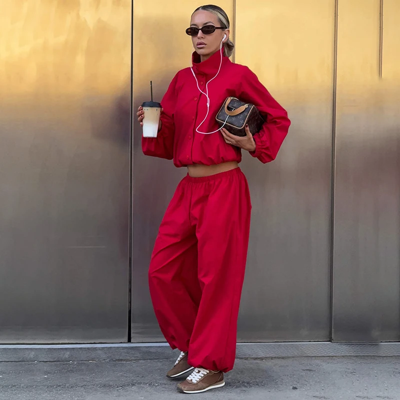 TARUXY Stylish Jacket Set Women Stand-Collar Lace Up Waist-Cinching Coat Loose Trousers Solid Casual 2-Piece Set 2026 Autumn New