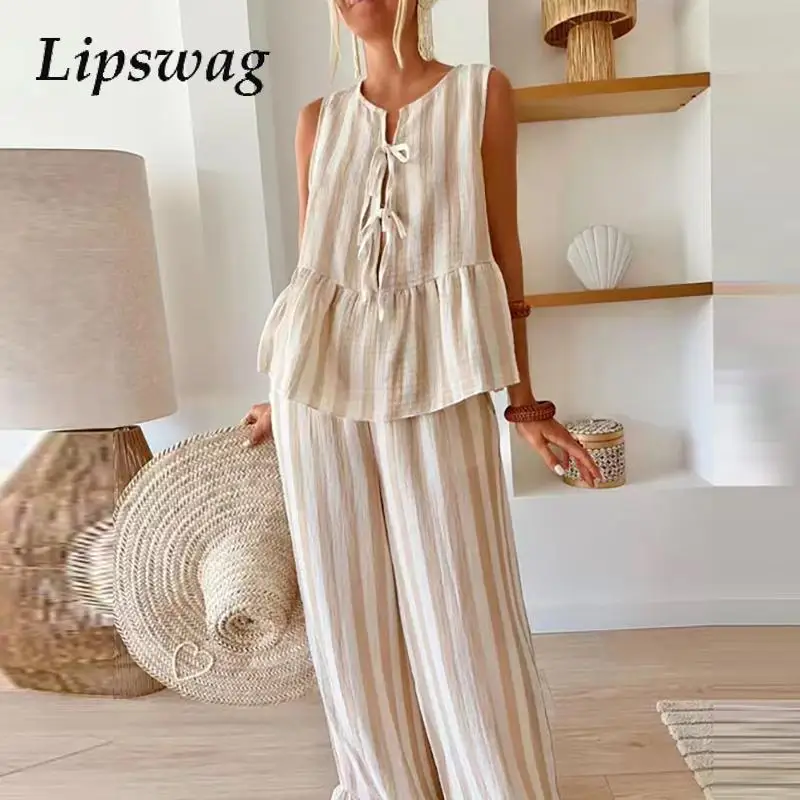 

Female Outfits 2025 Casual Striped Print Tie-up Blouse&Wide Leg Pants Vacation Outfit Casual Women Ruffles Patchwork 2Pcs Set
