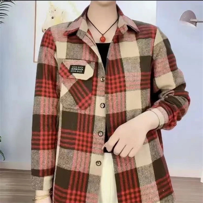 Women Vintage Classic Plaid Streetwear Oversized Single Breasted Shirt Jacket Y2K Autumn Winter Trendy Long Sleeve Thick Blouses