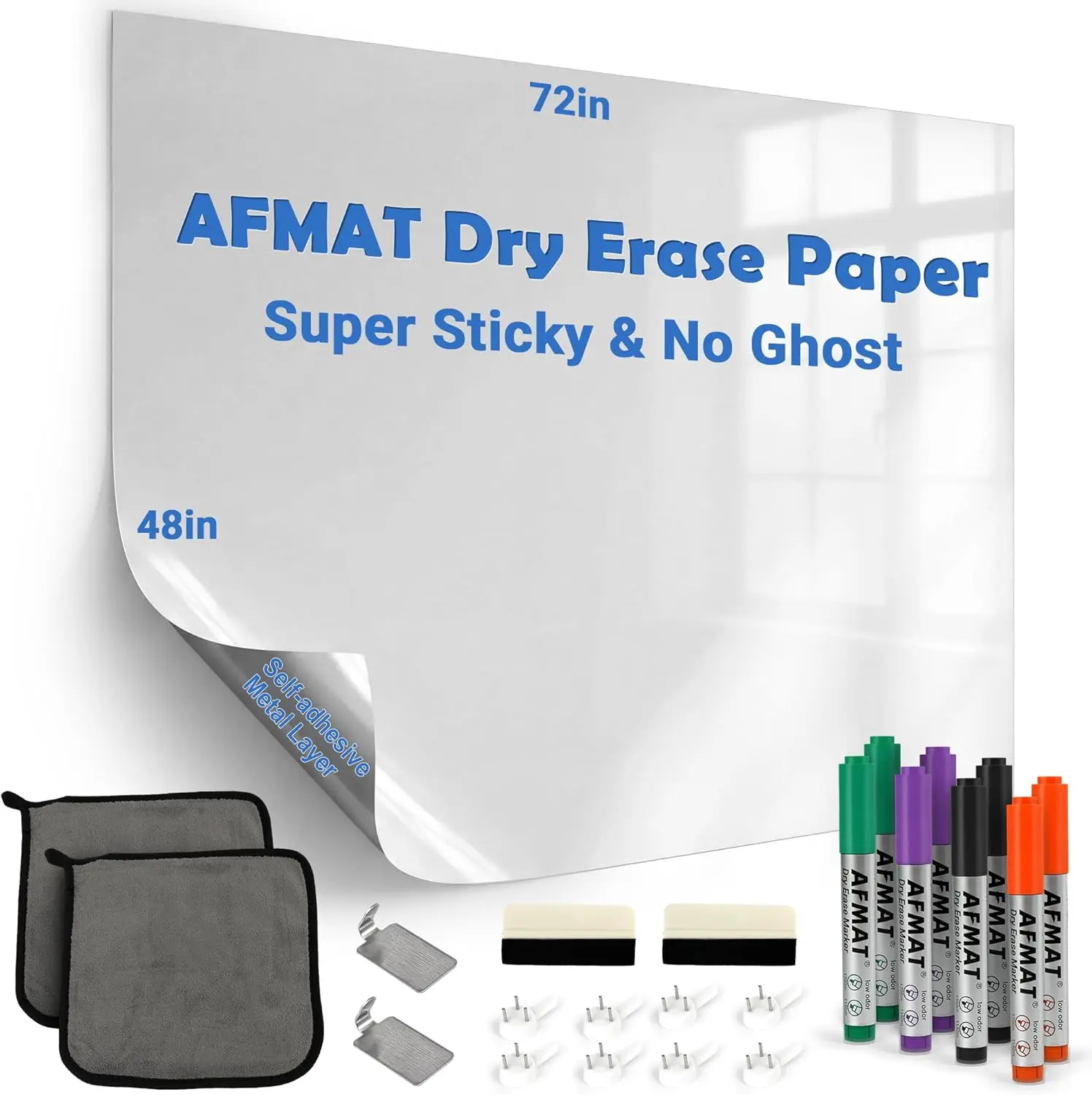 

72" x 48" Large Whiteboard Wallpaper Roll, Peel and Stick Dry Erase Paper for Wall, Home, Office, with 8 Markers