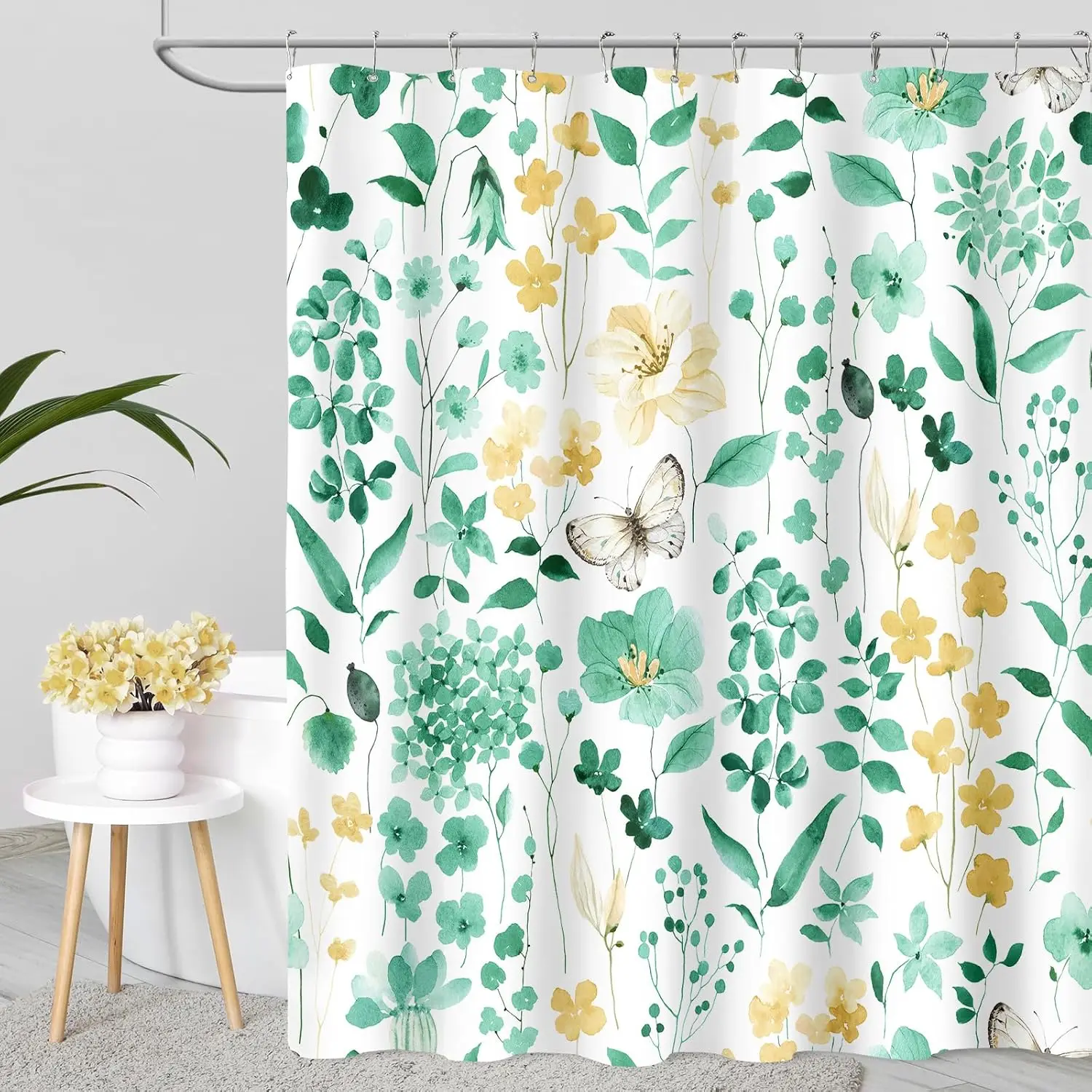 

Мятно-зеленая занавеска для душа с цветочным принтом, акварельные полевые цветы и бабочки, милый ботанический набор для ванной комнаты с крючками
