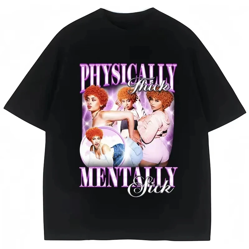 

Rapper Ice Spice Vintage T-Shirt Physically Thick Mentally Sick Funny Fashion T Shirts Hip Hop Casual Loose Men Women Tees
