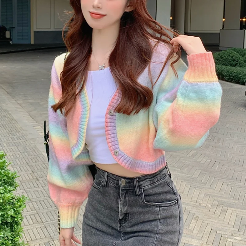 Maglione lavorato a maglia dolce arcobaleno autunno signore maglione di Cashmere stile coreano sciolto colorato caldo Cardigan abbottonato Kawaii