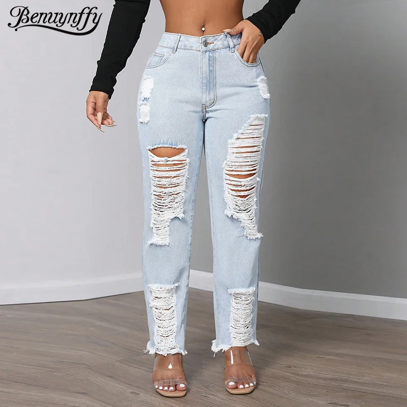 

Benuynffy Streetwear Mid Waist Fashion Ripped Jeans Women's 2025 Autumn Bf Style Casual Raw Hem Straight Leg Denim Pants