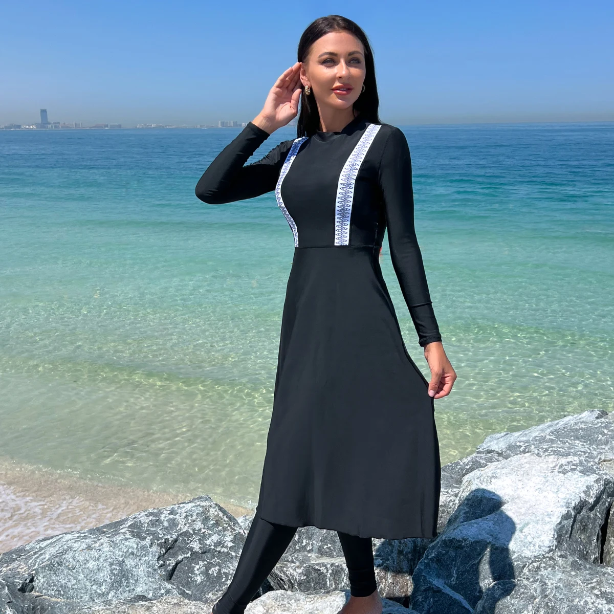2pcs Muslim Burkini Modest swimsuit  with Black Long Sleeved Dress All Covered Retro Women Swimwear Beach swimsuit SPF50+