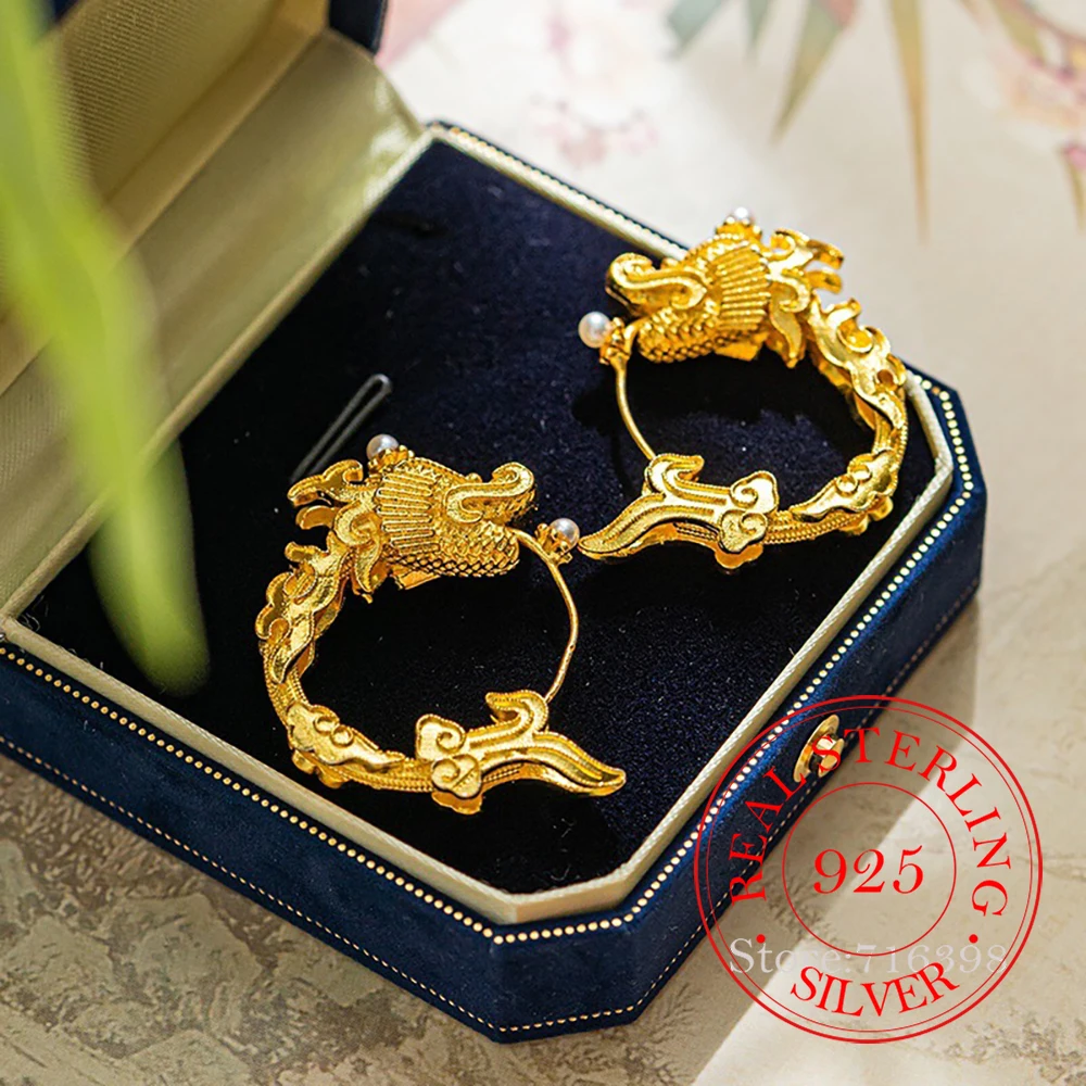 925 Sterling Silver Jewelry 18K Gold Plated Enamel Pearl Dragon Shape Hoop Earrings for Women Wedding Party Jewelry Gift
