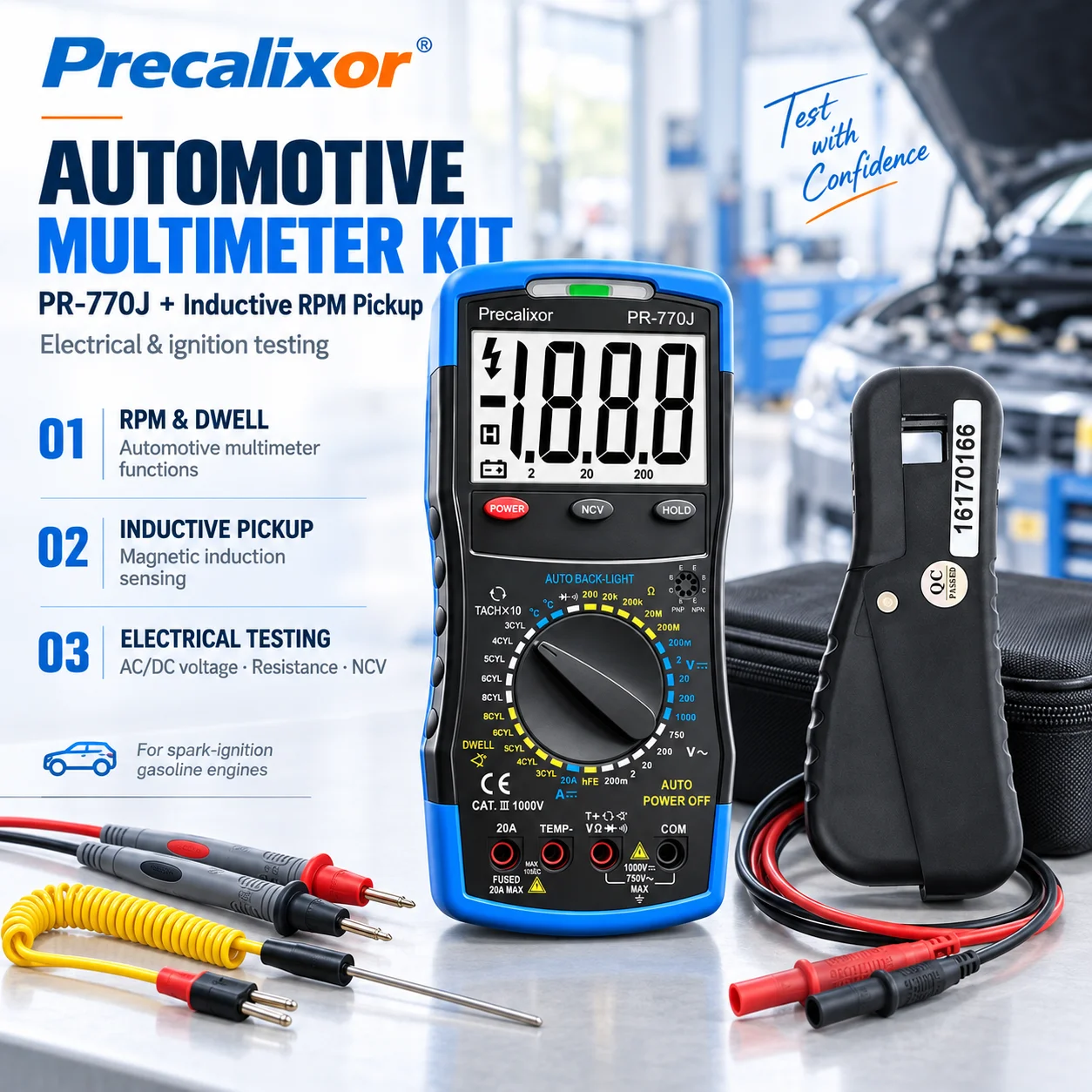 Automotive Digital Multimeter Kit with Inductive RPM Pickup Dwell Tester NCV AC/DC Voltmeter Ohmmeter Temp Probe Backlit 20A DC