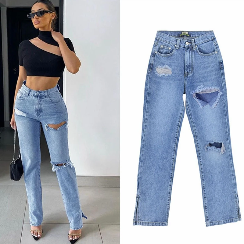 

Women Baggy Y2K Ripped Jeans With Holes New Blue Black Jeans Pants Mom Boyfriend High Waist Trouser Jeans Denim Women Pants