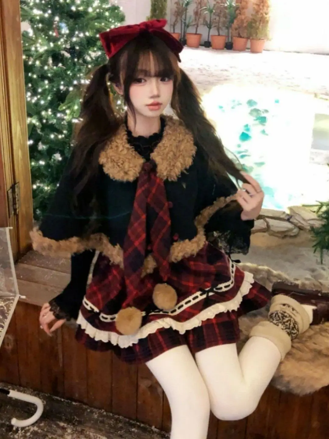 

Sweet Waist Cinched Plaid Dress with Shawl College Style Atmosphere Red New Year Women's Fashion Set High Waist Short Sleeve