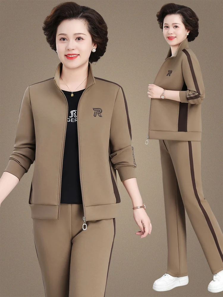 

Elegant Three-Piece Cotton Sportswear Set for Middle-Aged And Elderly Women Casual Mom Spring Autumn High-End New Style