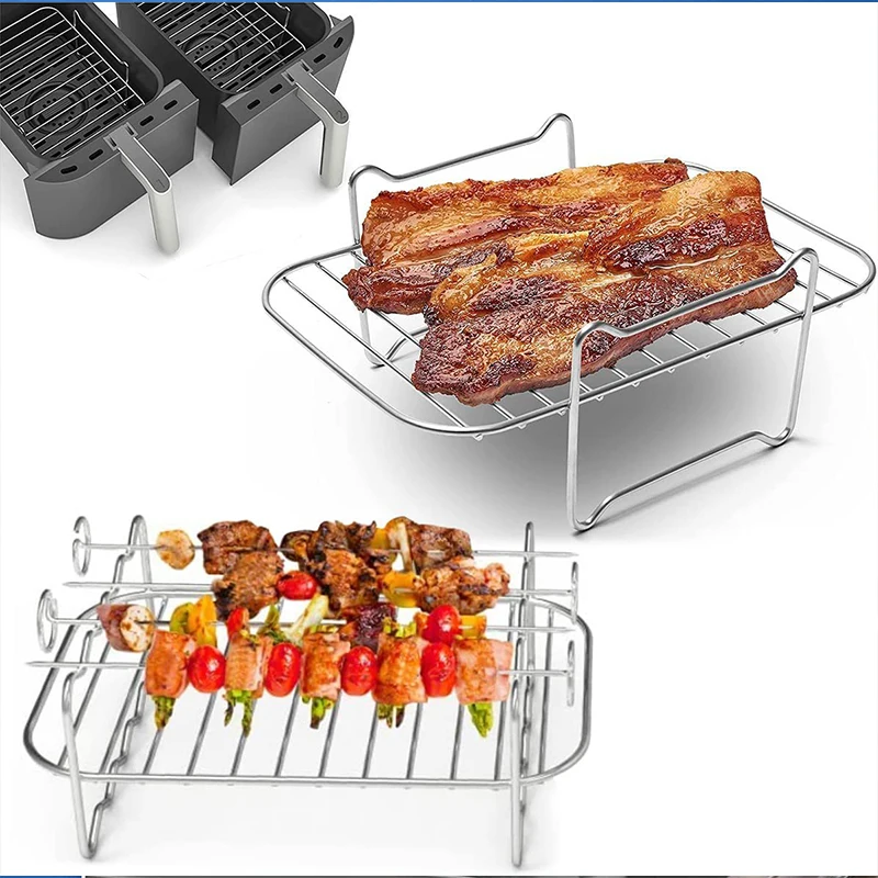 

Baking Tray Skewers Air Fryer Stainless Steel Holder BBQ Rack Double Layer Grill Baking Tray Replacement Barbecue Kitchen Tools