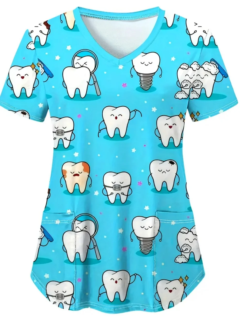 Clinical Uniform Woman with Love Teeth Print Clothes Medical Summer V-Neck Casual Blue Fashion Short Sleeve Scrubs Woman Tops