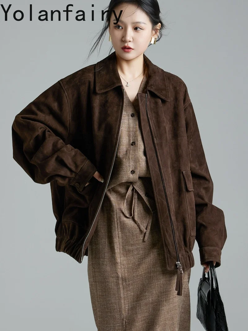 YOLANFAIRY Luxury 2026 Autumn Winter Women Genuine Sheepskin Suede Jacket Casual Real Leather Cropped Coat Leather Outerwear