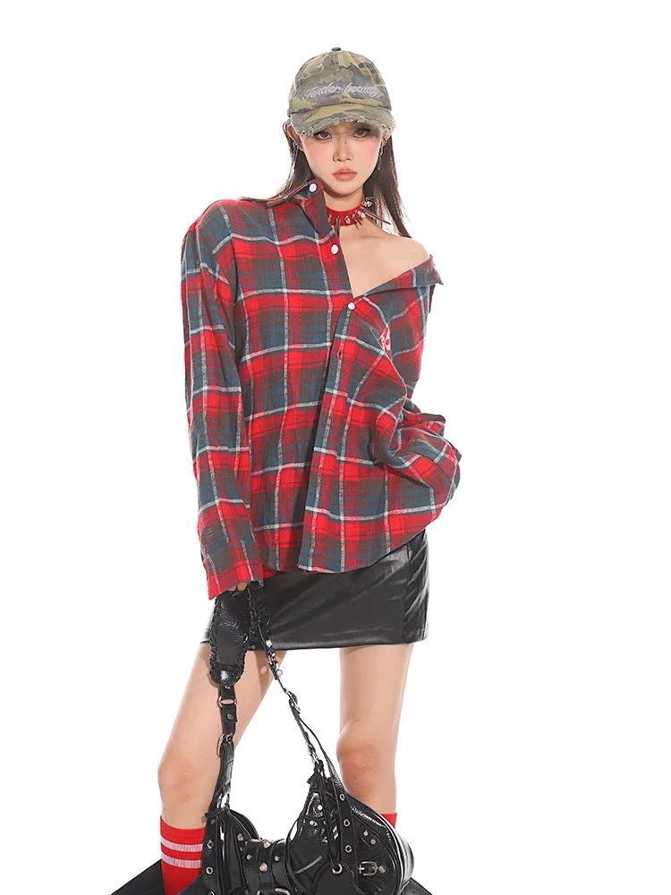 2024 Early Autumn New Feminine American Style Shirt Retro Plaid Long-sleeve Contrast Color Shirt Tops Women's Loose Comfort Coat