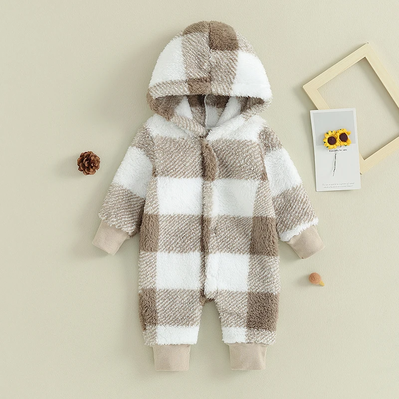 Suefunskry Infant Baby Boys Autumn Casual Hooded Romper Long Sleeve Button Down Plaid Pattern Winter Warm Jumpsuit  0-18Months