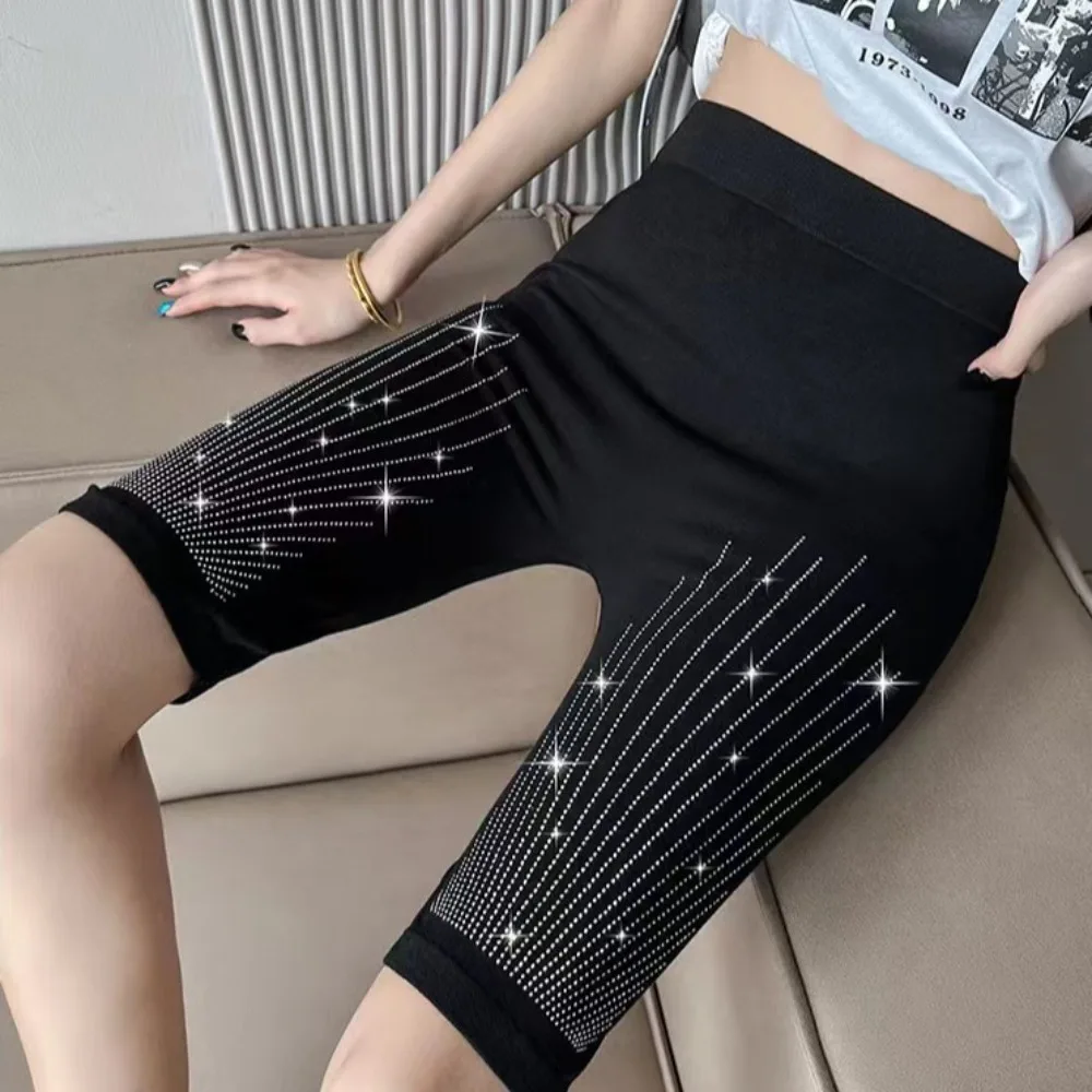 

Black Women Rhinestone Leggings Zircon Letter Tights High Waist Yoga Shorts Abdominal Tightening Trousers Hip Lift Shorts Pants