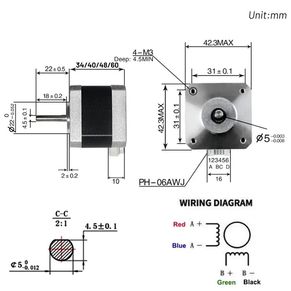 Nema17 42mm Stepper Motor 34/40/48/60mm Length 0.28/0.42/0.56/7Nm 2PH 5mm Output shaft For 3D Printer CNC Engraver Machine Tools