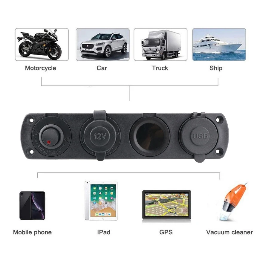 4 Holes Switch Panel Dual USB LED Port 12V Cigarette Lighter Socket Digital Thermometer Voltmeter  for Boat Car Truck