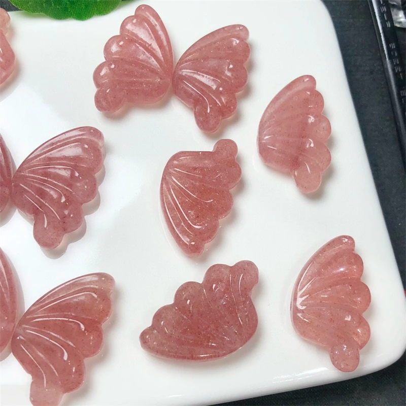 2SET Natural Strawberry Quartz Butterfly Wing Carving Jewelry For Bracelet Reiki Healing Fengshui Stone DIY Accessories 17x29mm