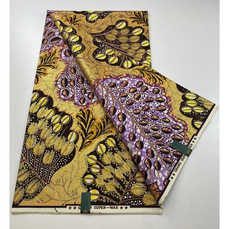 Nuovo tessuto africano con stampa a cera Ankara Kitenge Pagne Perizoma Batik All'ingrosso Golden Glitter Grand 100 Materiale di cotone per cucire 6yar