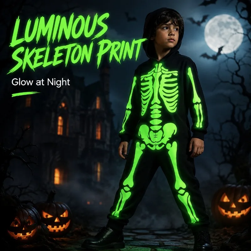 Halloween Kids Skeleton Costume Glow in The Dark Hooded Jumpsuit Boys Girls Skull Cosplay Outfit Trick or Treat Party Wear