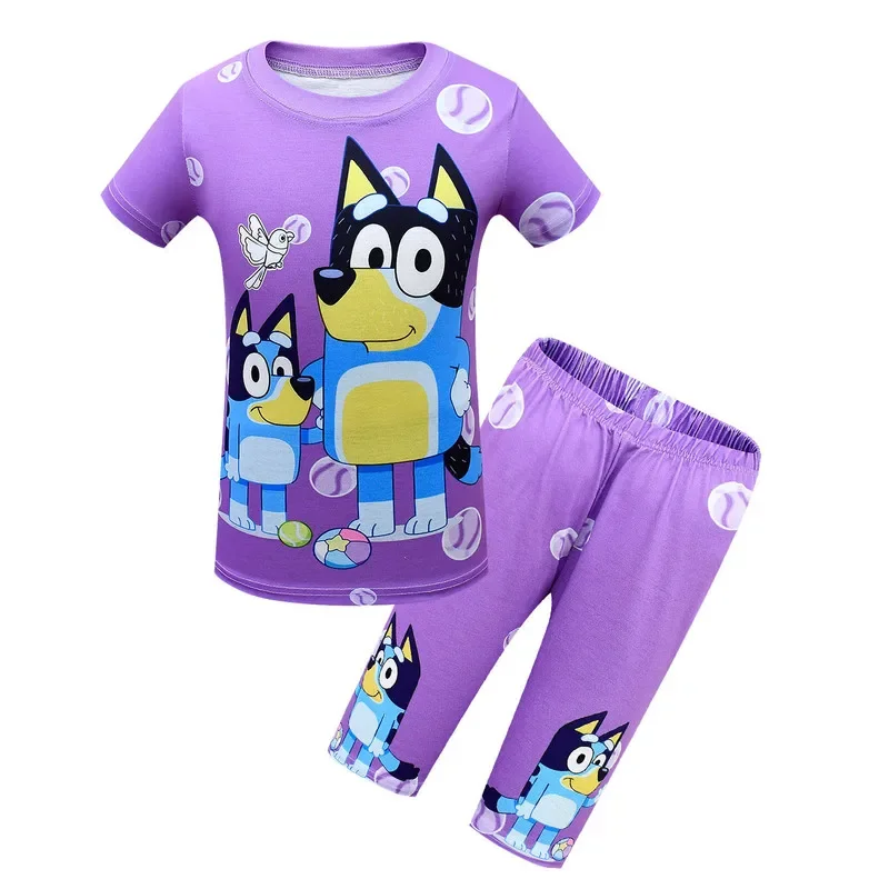 Bluey-Conjunto de camiseta e shorts infantis de manga curta, pijama de família, conjunto solto de duas peças, meninos e meninas