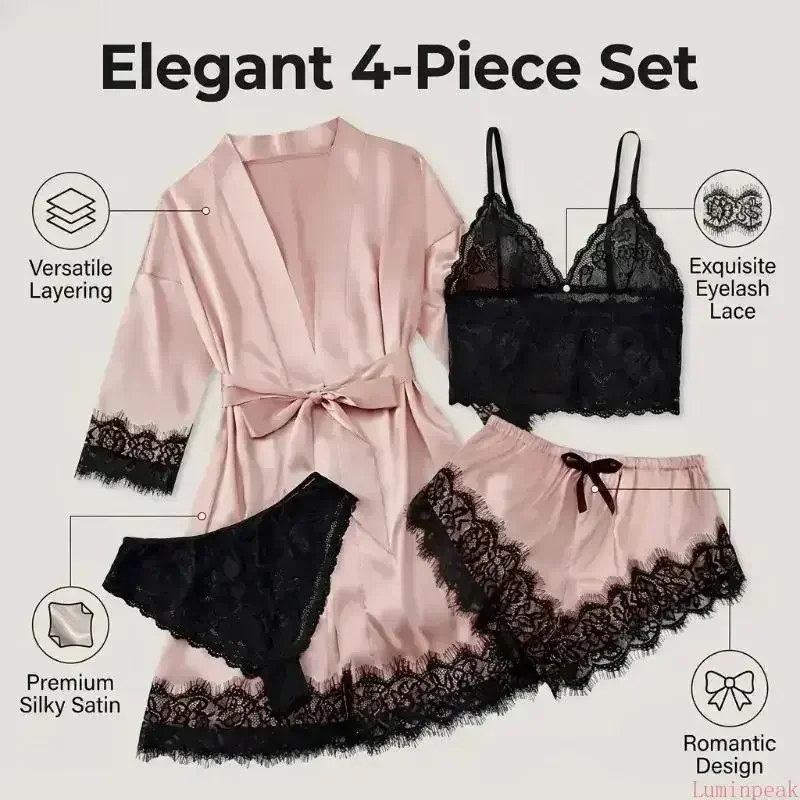 Women's 4-Piece Satin Pajama Sets - Shortsleeve, Sexy, Soft Silky Fabric with Floral Lace Long Robe & Nightgown, Fitted All Seasons Sleepwear, Casual Loungewear for Home Relaxation, Ideal Gifts view 2