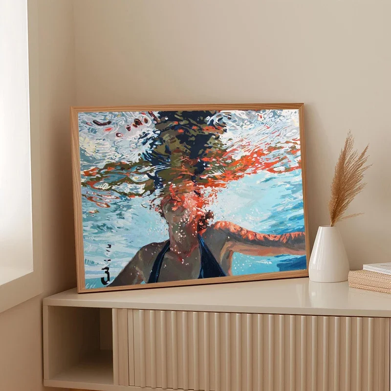 Large-sized 1pc frameless Canvas Painting Blue Sexy Women Swimming in The Sea Dive in Pool Canvas Painting Print Poster Wall Art
