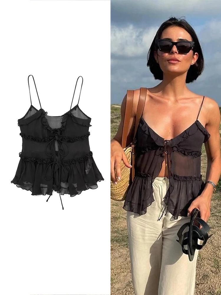 

ZABA Women's Summer Sleeveless Strapless Ruffle Sheer Camisole Tank Chiffon Tie Sexy Mesh Slim Straw Camisole Top Y2K Mujer