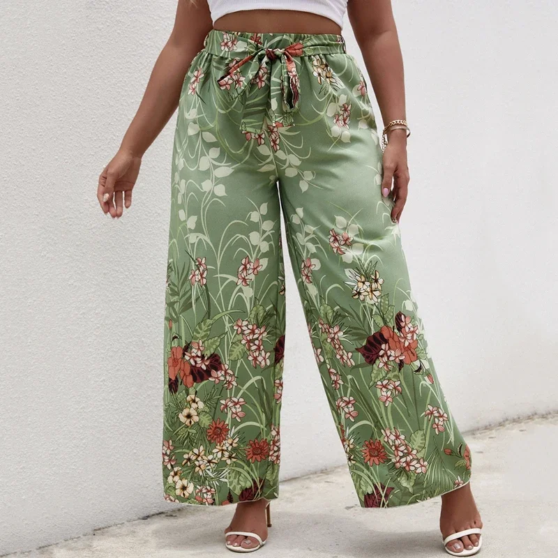 Plus Size Floral Print Summer Elegant Wide Leg Pants Elastic Waist Sashes Casual Bohemian Pants Trousers Female Large Size 6XL