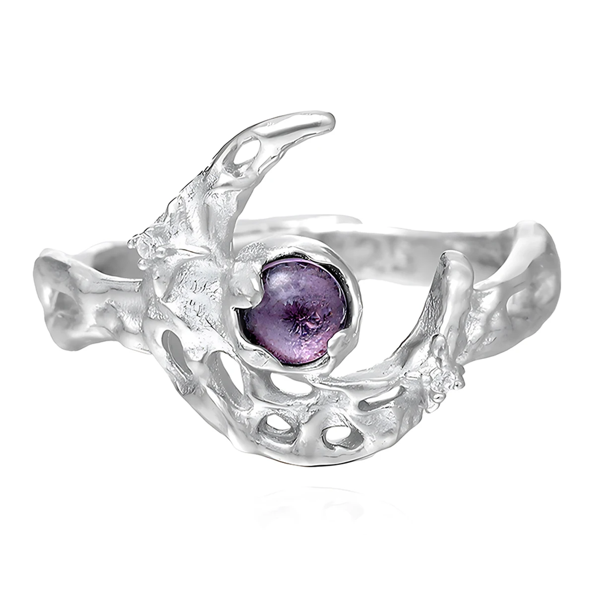 

Niche Original Design: Sweet & Edgy Luxury Textured Purple Zircon Moon S925 Sterling Silver Ring for Women