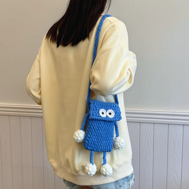 

New Women's Small Bag Mobile Phone Bag Blue Knitted Cartoon Cute Doll Crossbody Bag Personality Street Fashion Bag