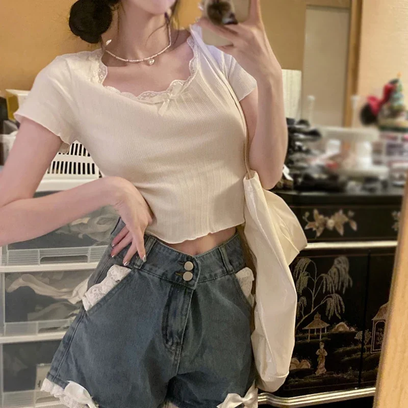 Women Short-Sleeved T-shirt Summer Sweet Girls White Lace Bowknot Crop Top Slim Fitting All-Match Shirts