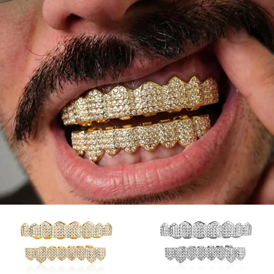 Punk Full Cubic Zircon Grillz Unisex 8 Top & 8 Bottom Removable Dental Grills High Quality Fashion Teeth Jewelry for Mouth