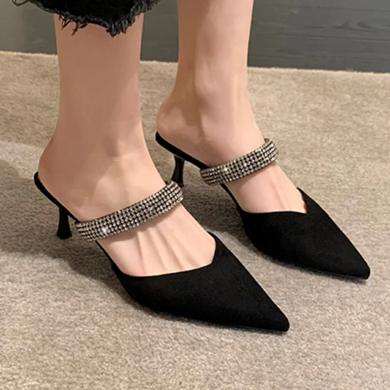 Women Sandals High Heel Slipper New One Word Water Diamond V-Mouth Pointed High Heels Black Sexy Baotou Half Dragged Woman Shoe