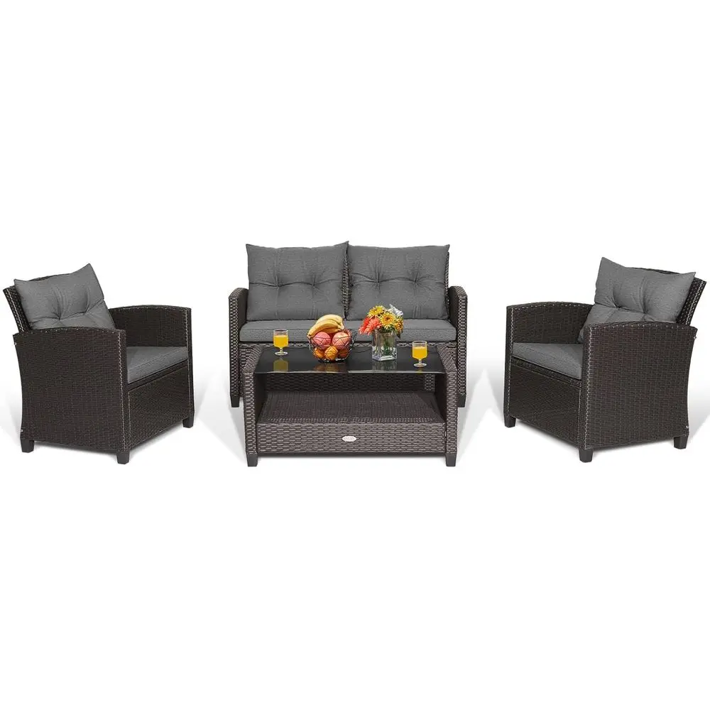 

4-Piece Outdoor Rattan urniture Set, PE Rattan Wicker Sectional Soa with Loveseat Chair & Glass Table, Patio Cushioned Contion S