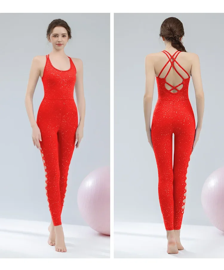 Women's Silver Sparkling Pilates Jumpsuit Hollow out One-Piece Nude Fitness Casual Wear for Women