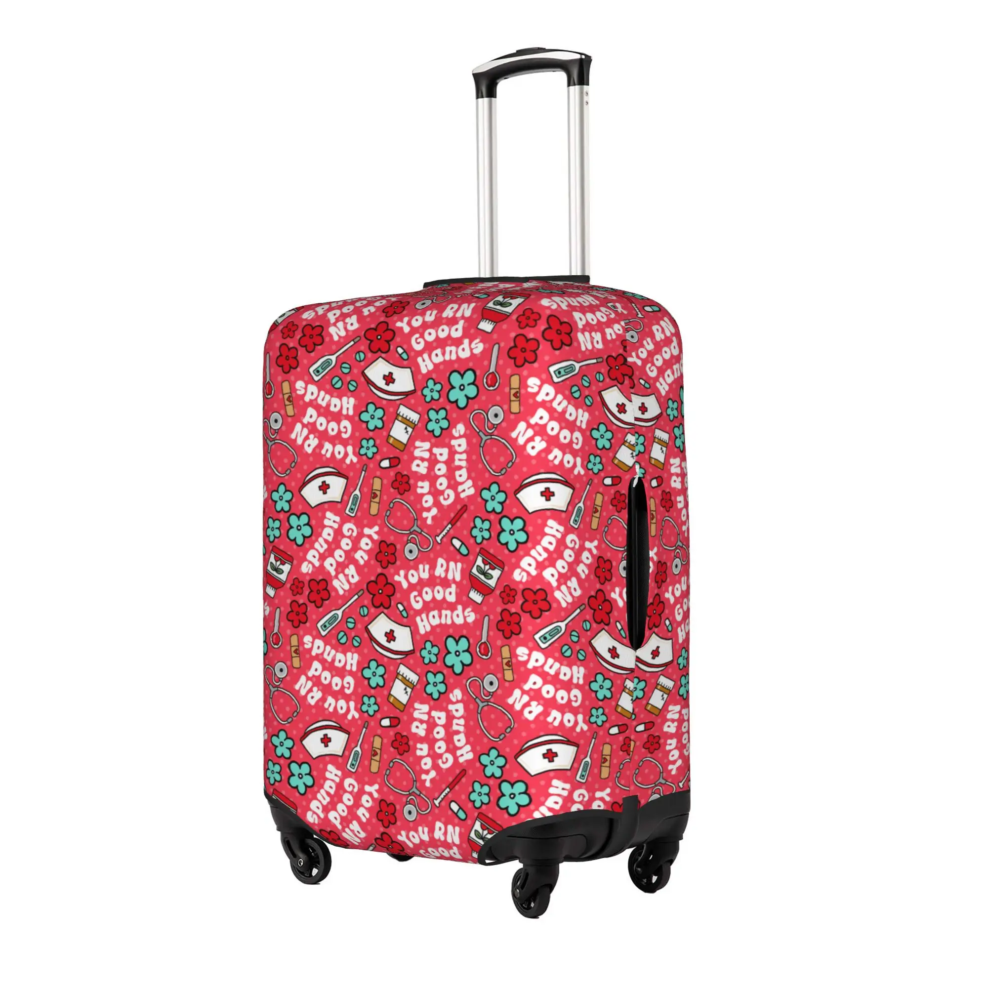 Nurse You RN Good Hands  Travel Luggage Cover Washable Nursing Floral on Cherry Red Suitcase Cover Protector Fit 18-32 Inch