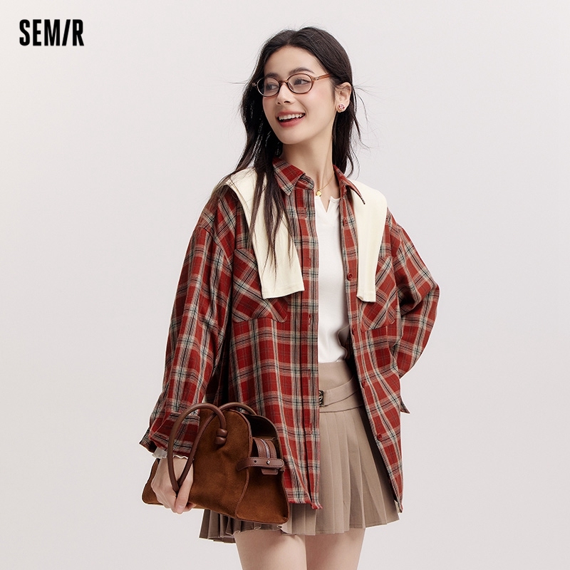  Semir Long Sleeve Shirt Women Mid-long Style Oversize Spring 2025 New Spring Checkered Top Vintage 