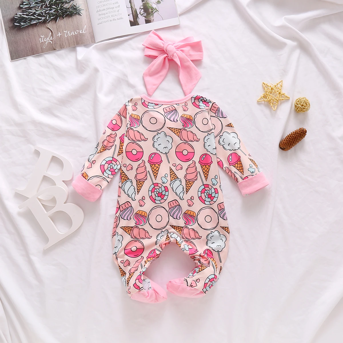 0-6M Newborn Baby Footies Cute Infant Girls Ruffles Long Sleeve Jumpsuit Cactus Donuts Print Spring Autumn Clothing